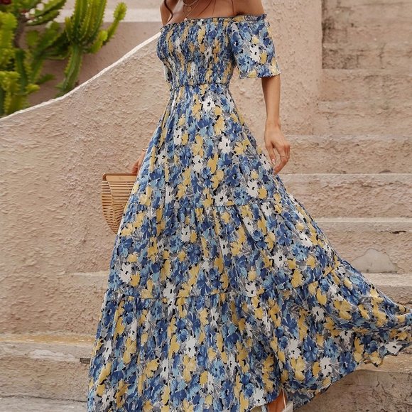 . Dresses & Skirts - Blue Boho Womens Allover Floral Print Shirred Off Shoulder Ruffle Hem Dress